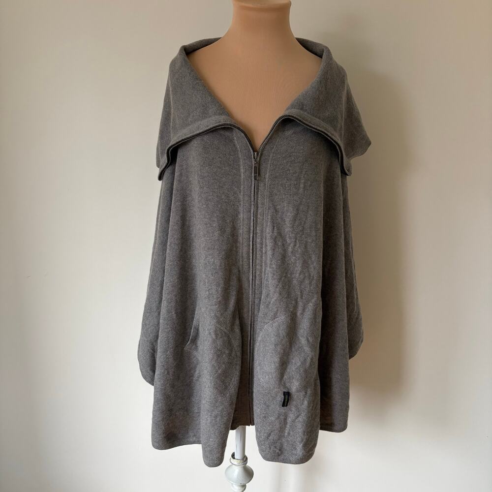 Belle Fare Gray Cashmere Oversized Zip Front Draped Poncho Cardigan Sweater OS